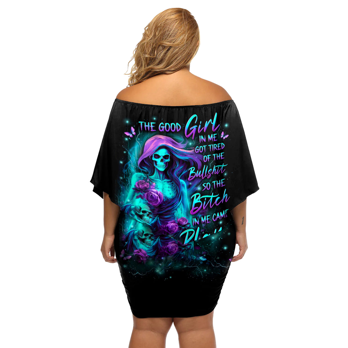 Flame Girl Skull Off Shoulder Short Dress The Good Girl In Me Got Tired Of The Bullshit - Wonder Print Shop