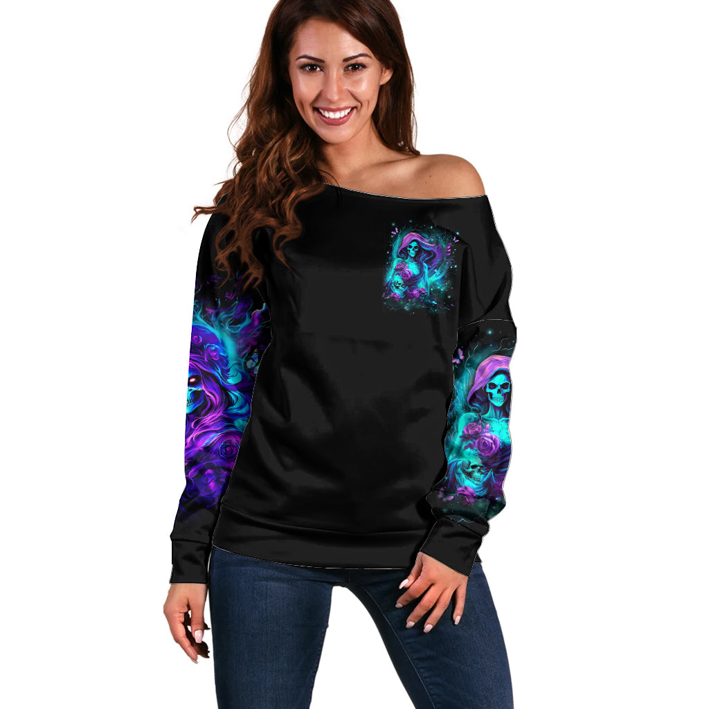 Flame Girl Skull Off Shoulder Sweater The Good Girl In Me Got Tired Of The Bullshit - Wonder Print Shop