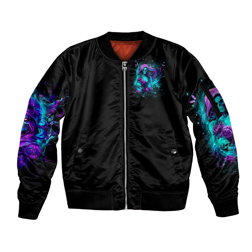 Flame Girl Skull Sleeve Zip Bomber Jacket The Good Girl In Me Got Tired Of The Bullshit - Wonder Print Shop