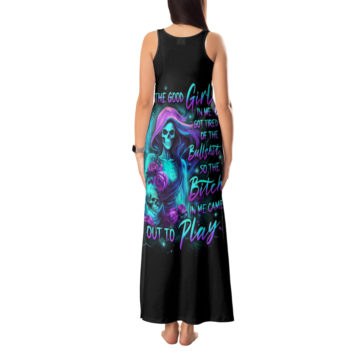 Flame Girl Skull Tank Maxi Dress The Good Girl In Me Got Tired Of The Bullshit - Wonder Print Shop