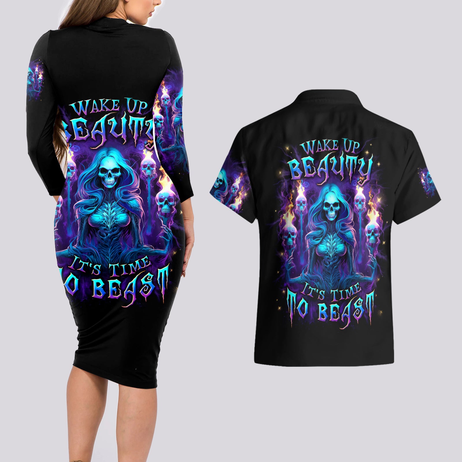 Witch Skull Couples Matching Long Sleeve Bodycon Dress and Hawaiian Shirt Wake Up Beasuty I't Time To Beast - Wonder Print Shop