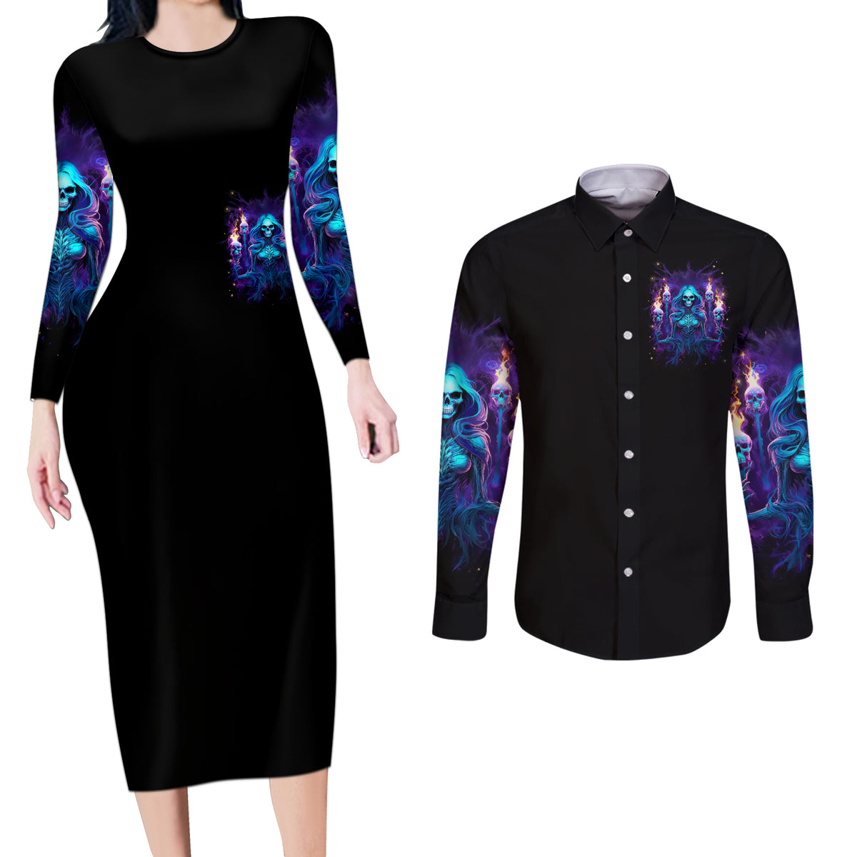 Witch Skull Couples Matching Long Sleeve Bodycon Dress and Long Sleeve Button Shirt Wake Up Beasuty I't Time To Beast - Wonder Print Shop