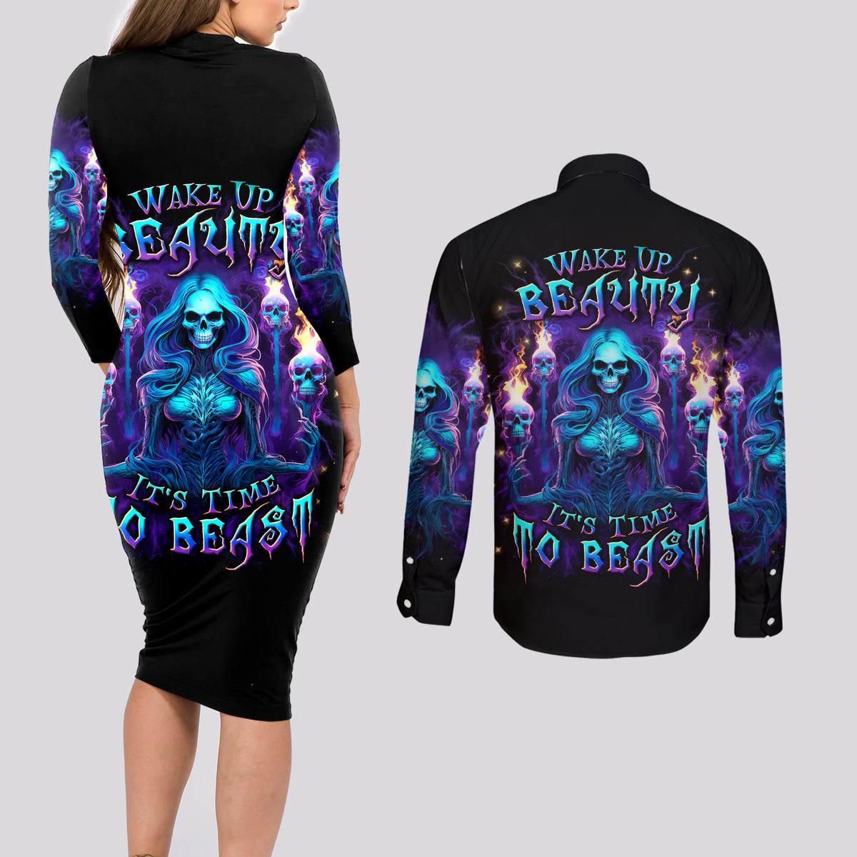 Witch Skull Couples Matching Long Sleeve Bodycon Dress and Long Sleeve Button Shirt Wake Up Beasuty I't Time To Beast - Wonder Print Shop