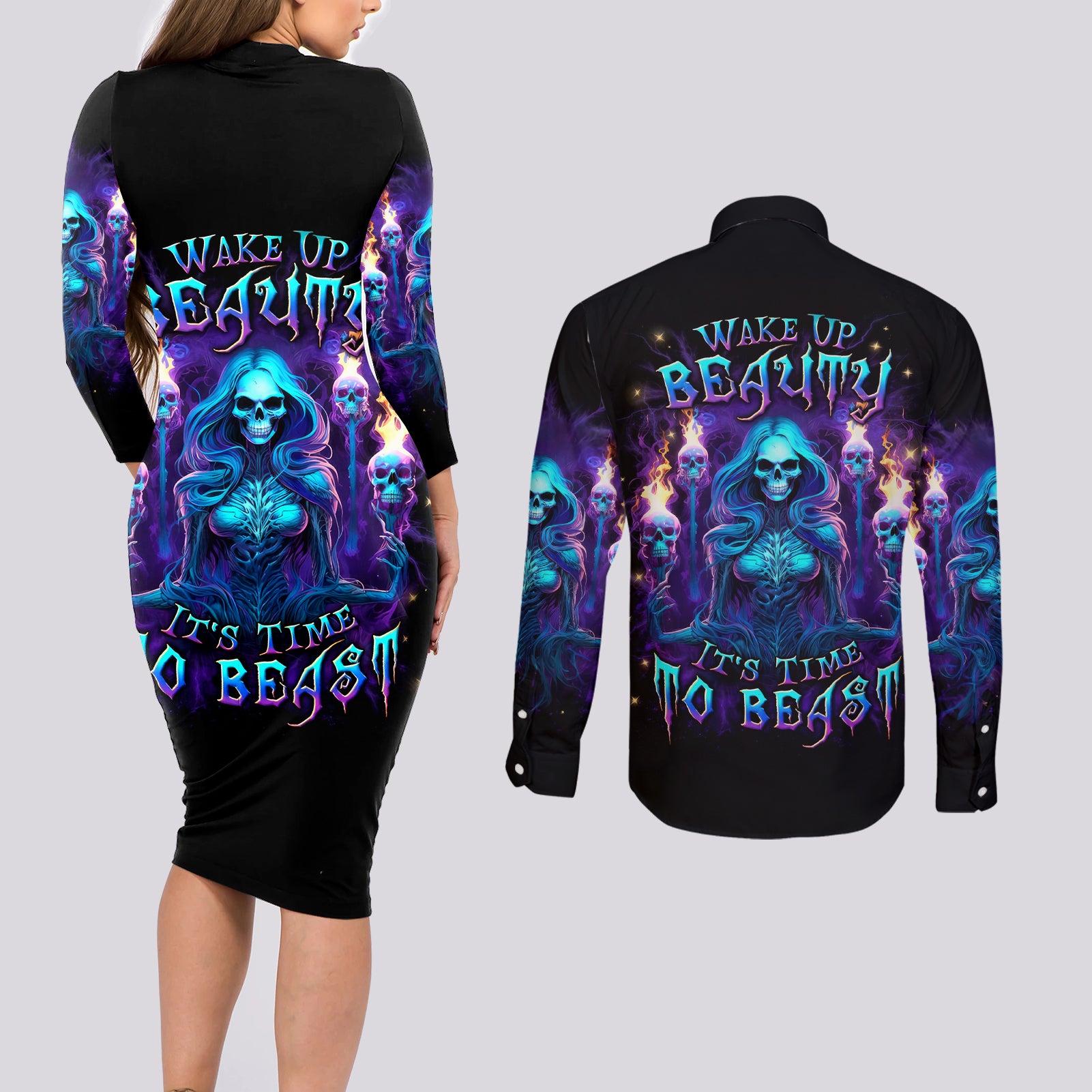 Witch Skull Couples Matching Long Sleeve Bodycon Dress and Long Sleeve Button Shirt Wake Up Beasuty I't Time To Beast - Wonder Print Shop