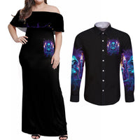 Witch Skull Couples Matching Off Shoulder Maxi Dress and Long Sleeve Button Shirt Wake Up Beasuty I't Time To Beast - Wonder Print Shop