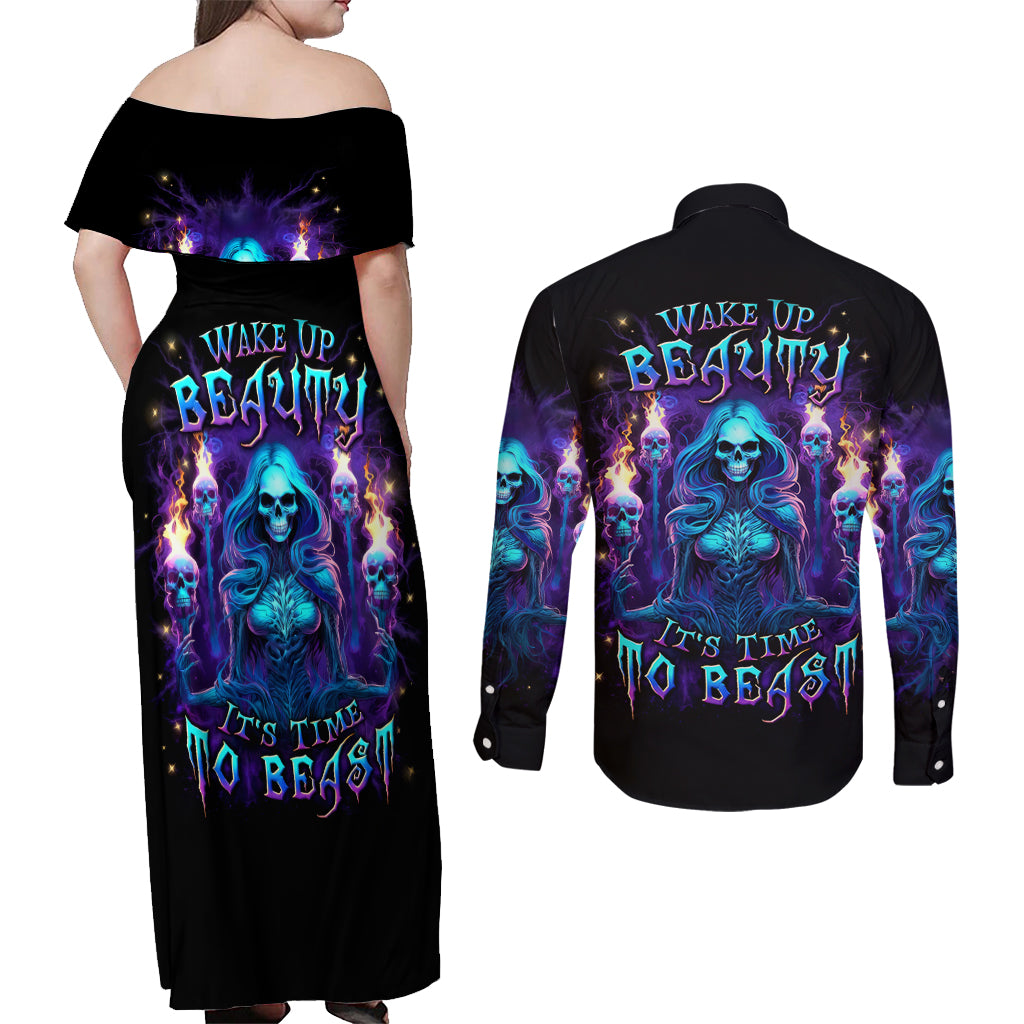 Witch Skull Couples Matching Off Shoulder Maxi Dress and Long Sleeve Button Shirt Wake Up Beasuty I't Time To Beast - Wonder Print Shop