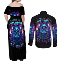 Witch Skull Couples Matching Off Shoulder Maxi Dress and Long Sleeve Button Shirt Wake Up Beasuty I't Time To Beast - Wonder Print Shop