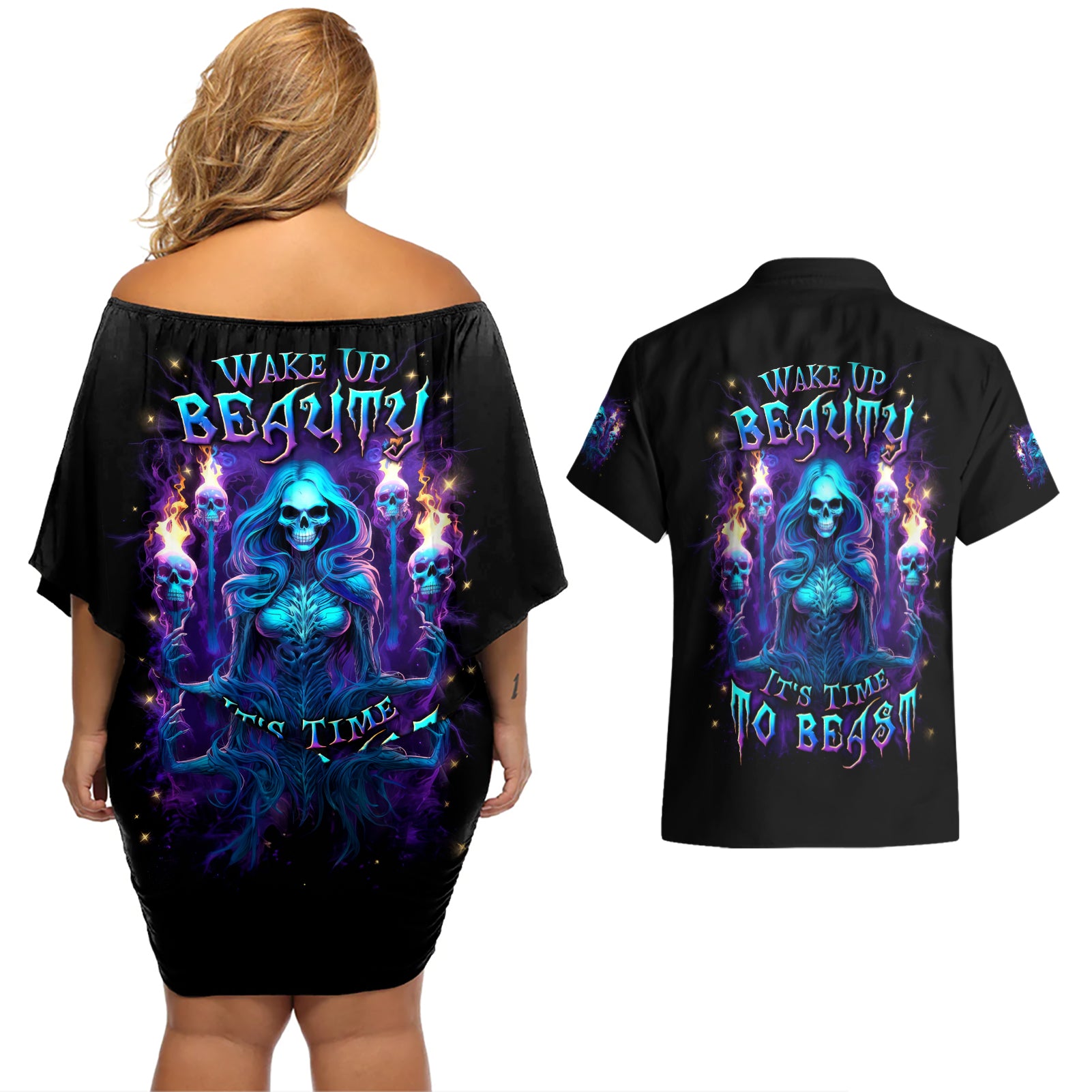 Witch Skull Couples Matching Off Shoulder Short Dress and Hawaiian Shirt Wake Up Beasuty I't Time To Beast - Wonder Print Shop