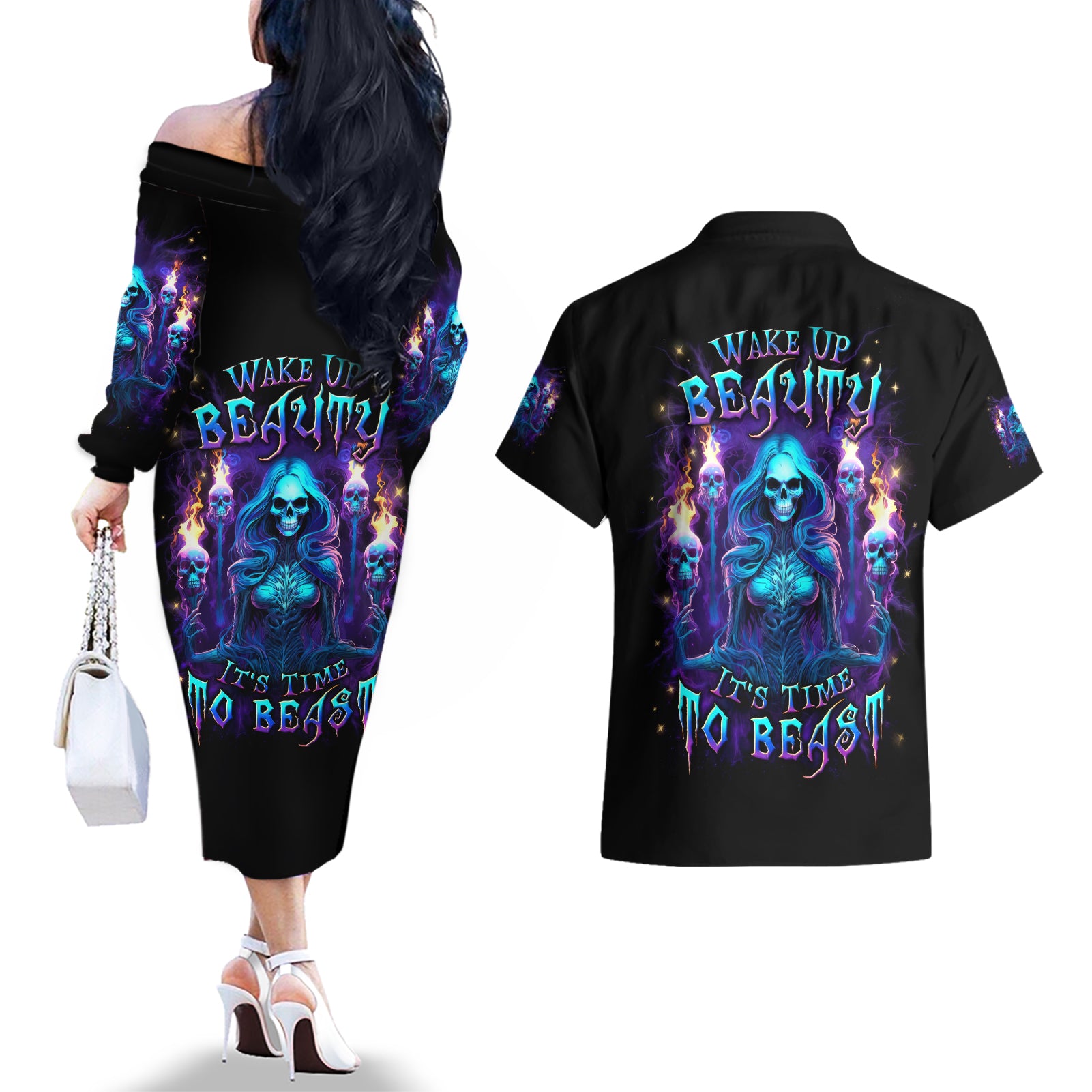 Witch Skull Couples Matching Off The Shoulder Long Sleeve Dress and Hawaiian Shirt Wake Up Beasuty I't Time To Beast - Wonder Print Shop