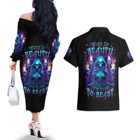 Witch Skull Couples Matching Off The Shoulder Long Sleeve Dress and Hawaiian Shirt Wake Up Beasuty I't Time To Beast - Wonder Print Shop