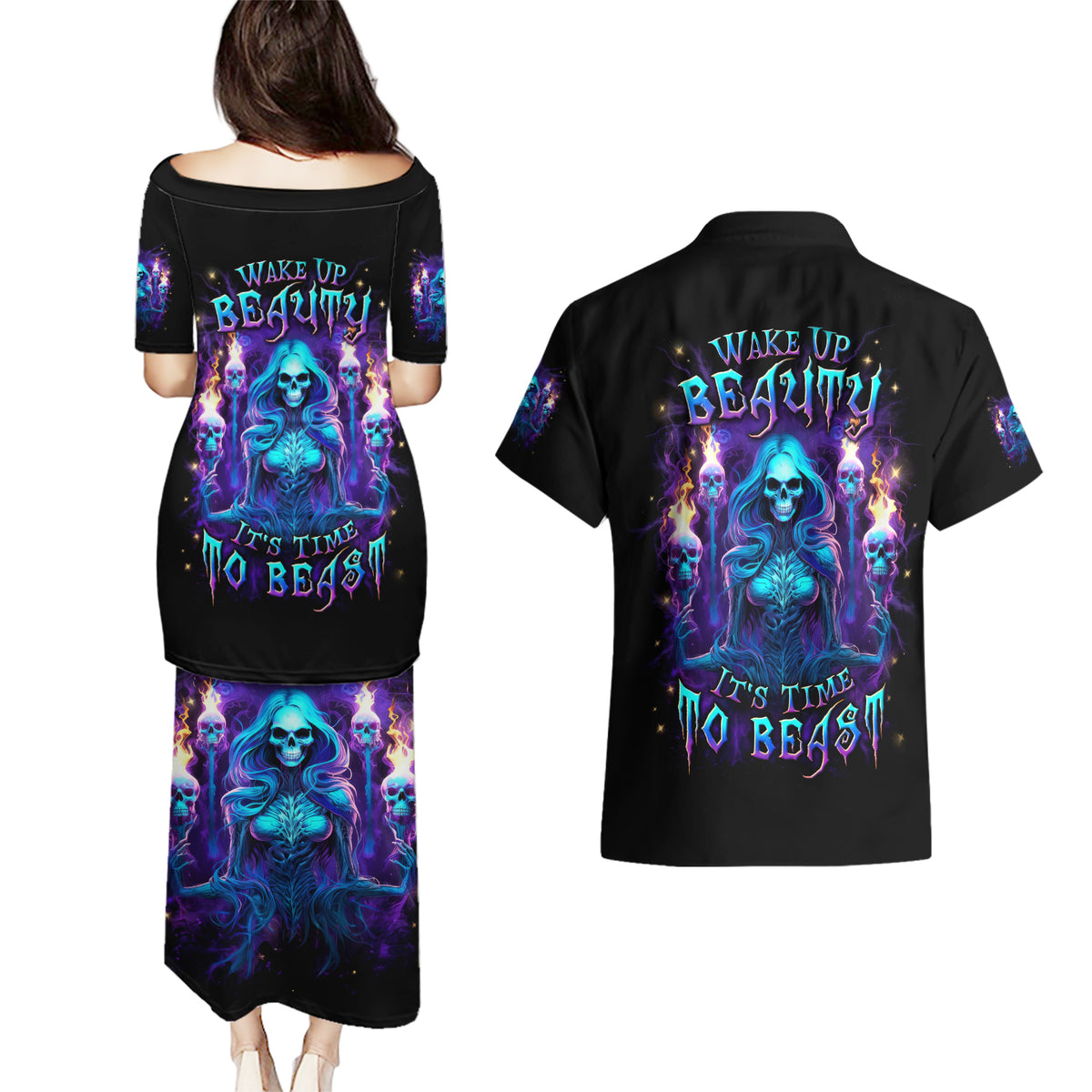 Witch Skull Couples Matching Puletasi and Hawaiian Shirt Wake Up Beasuty I't Time To Beast - Wonder Print Shop