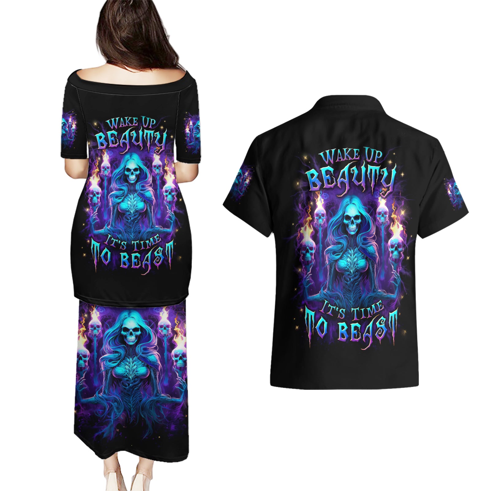Witch Skull Couples Matching Puletasi and Hawaiian Shirt Wake Up Beasuty I't Time To Beast - Wonder Print Shop