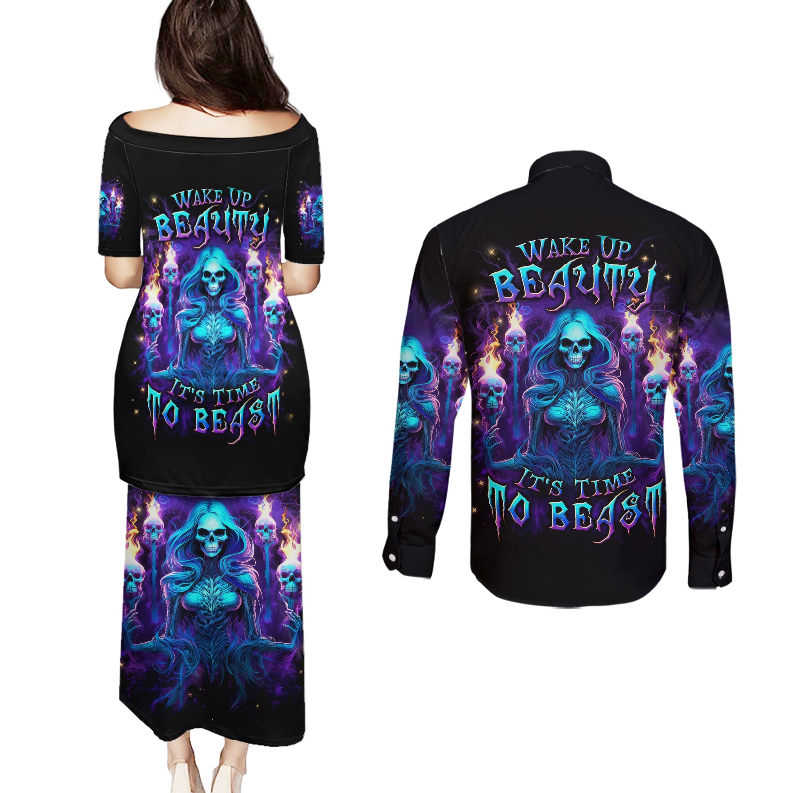 Witch Skull Couples Matching Puletasi and Long Sleeve Button Shirt Wake Up Beasuty I't Time To Beast - Wonder Print Shop