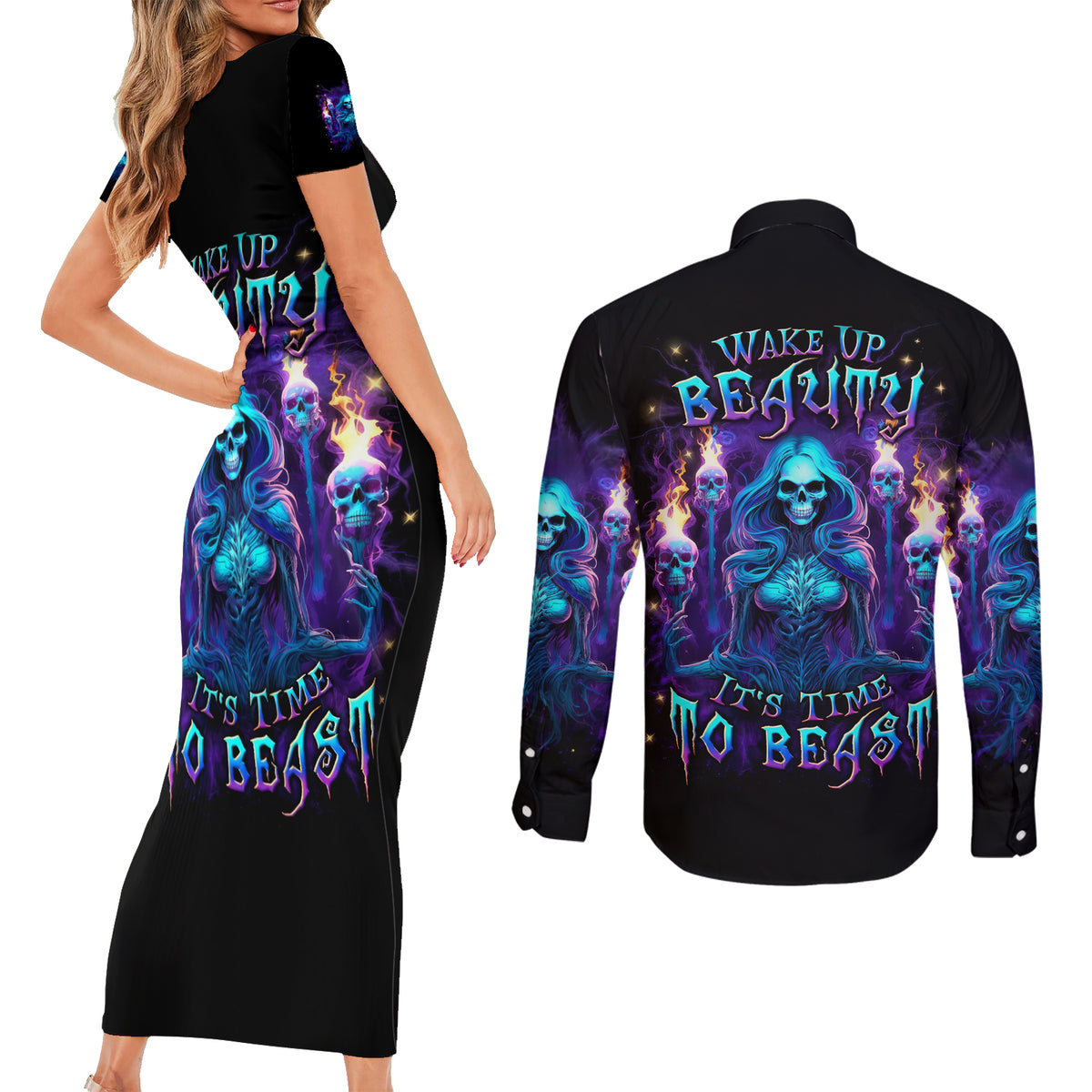 Witch Skull Couples Matching Short Sleeve Bodycon Dress and Long Sleeve Button Shirt Wake Up Beasuty I't Time To Beast - Wonder Print Shop