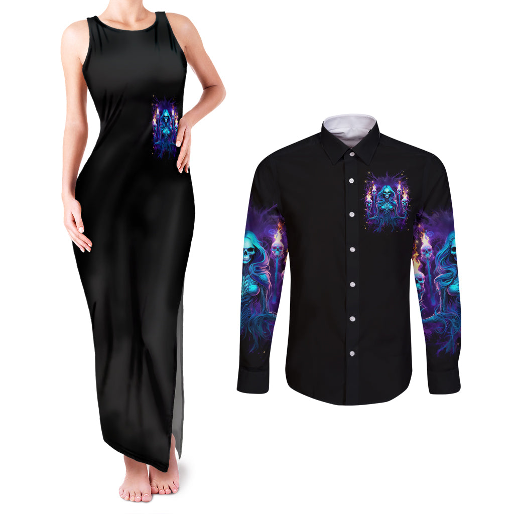 Witch Skull Couples Matching Tank Maxi Dress and Long Sleeve Button Shirt Wake Up Beasuty I't Time To Beast - Wonder Print Shop