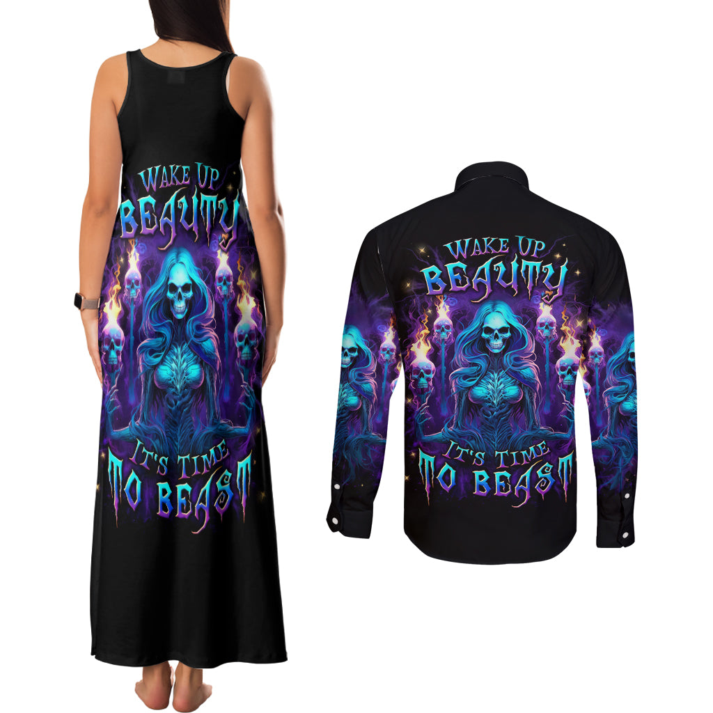Witch Skull Couples Matching Tank Maxi Dress and Long Sleeve Button Shirt Wake Up Beasuty I't Time To Beast - Wonder Print Shop