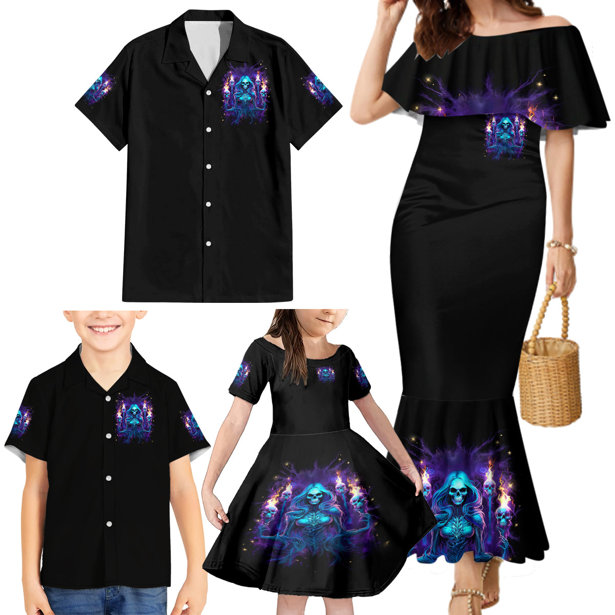 Witch Skull Family Matching Mermaid Dress and Hawaiian Shirt Wake Up Beasuty I't Time To Beast - Wonder Print Shop
