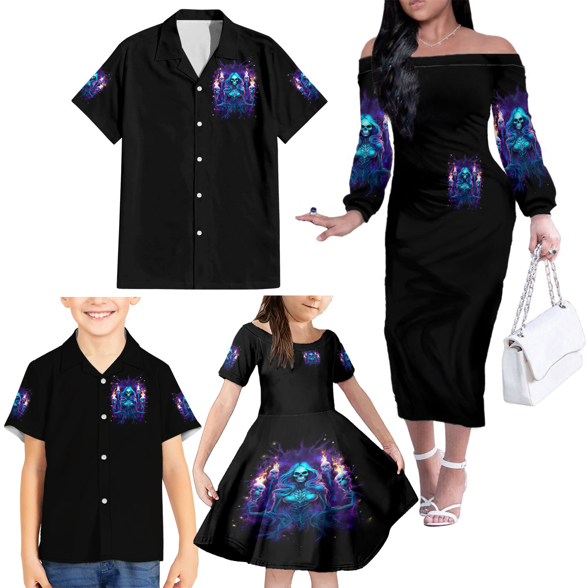 Witch Skull Family Matching Off Shoulder Long Sleeve Dress and Hawaiian Shirt Wake Up Beasuty I't Time To Beast - Wonder Print Shop