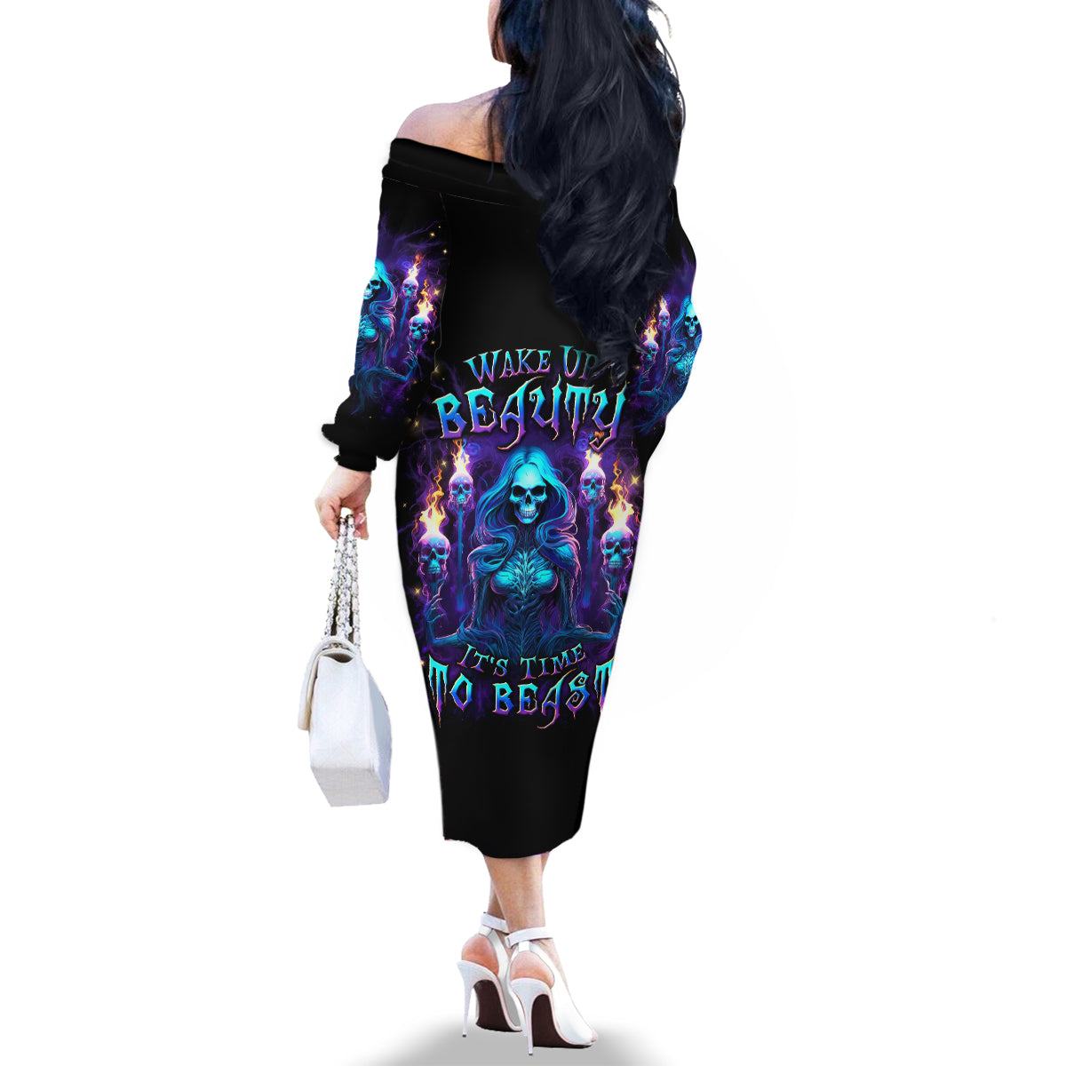 Witch Skull Family Matching Off Shoulder Long Sleeve Dress and Hawaiian Shirt Wake Up Beasuty I't Time To Beast - Wonder Print Shop