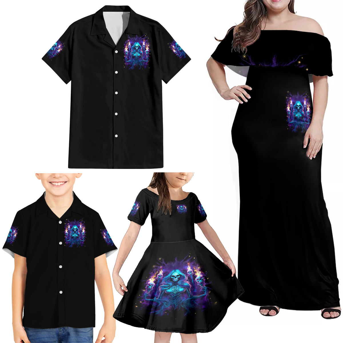 Witch Skull Family Matching Off Shoulder Maxi Dress and Hawaiian Shirt Wake Up Beasuty I't Time To Beast - Wonder Print Shop