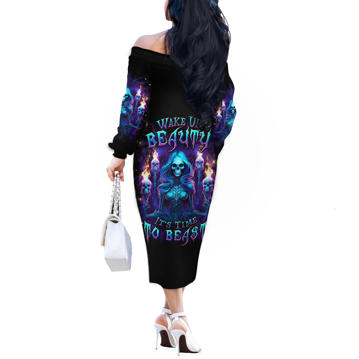 Witch Skull Off The Shoulder Long Sleeve Dress Wake Up Beasuty I't Time To Beast - Wonder Print Shop