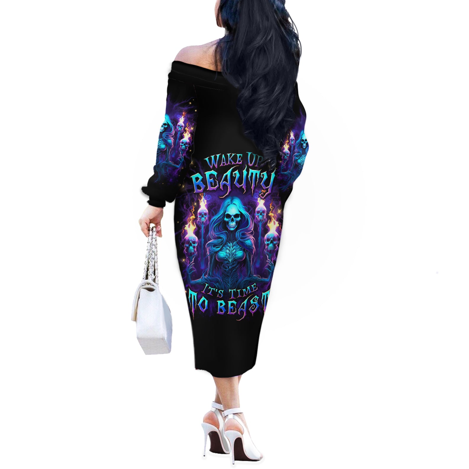Witch Skull Off The Shoulder Long Sleeve Dress Wake Up Beasuty I't Time To Beast - Wonder Print Shop