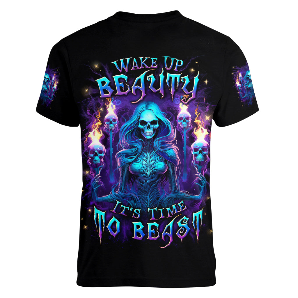 Witch Skull Women V Neck T Shirt Wake Up Beasuty I't Time To Beast - Wonder Print Shop