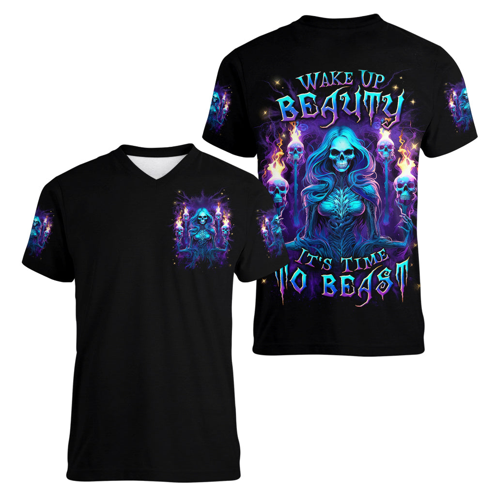 Witch Skull Women V Neck T Shirt Wake Up Beasuty I't Time To Beast - Wonder Print Shop