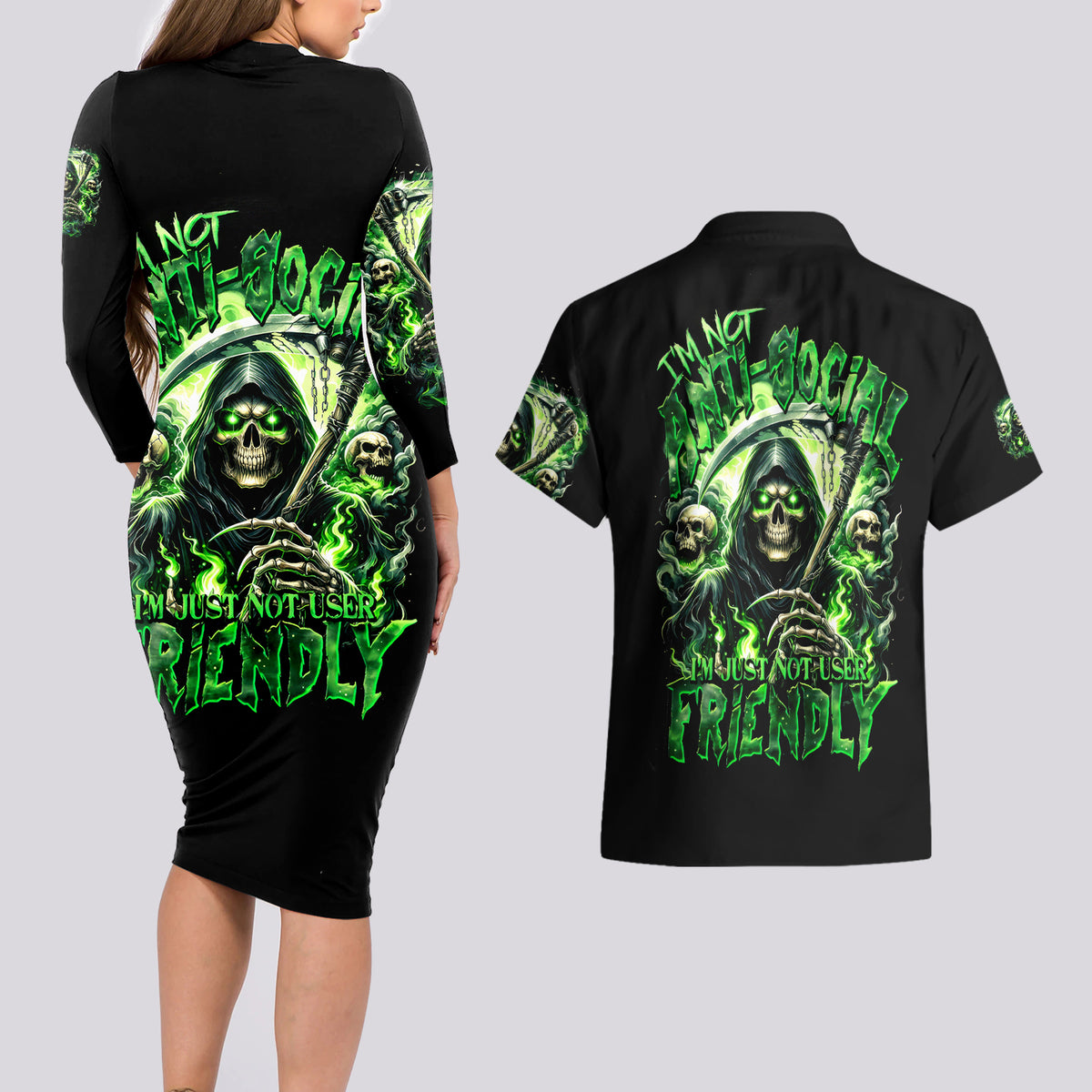 Flame Reaper Skull Couples Matching Long Sleeve Bodycon Dress and Hawaiian Shirt I'm Not Anti Social I'm Just Not User Friendly - Wonder Print Shop