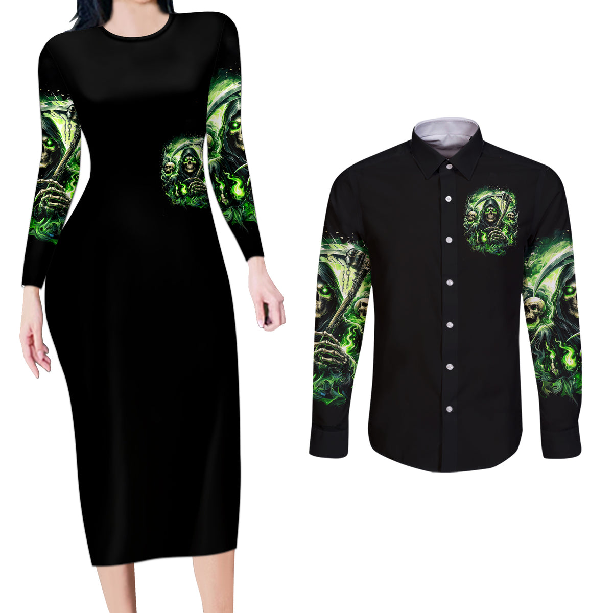 Flame Reaper Skull Couples Matching Long Sleeve Bodycon Dress and Long Sleeve Button Shirt I'm Not Anti Social I'm Just Not User Friendly - Wonder Print Shop