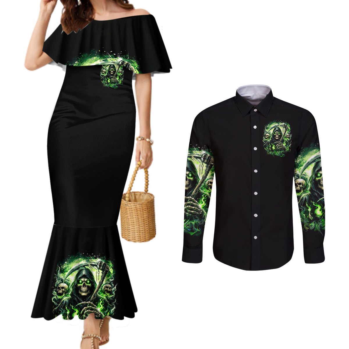 Flame Reaper Skull Couples Matching Mermaid Dress and Long Sleeve Button Shirt I'm Not Anti Social I'm Just Not User Friendly