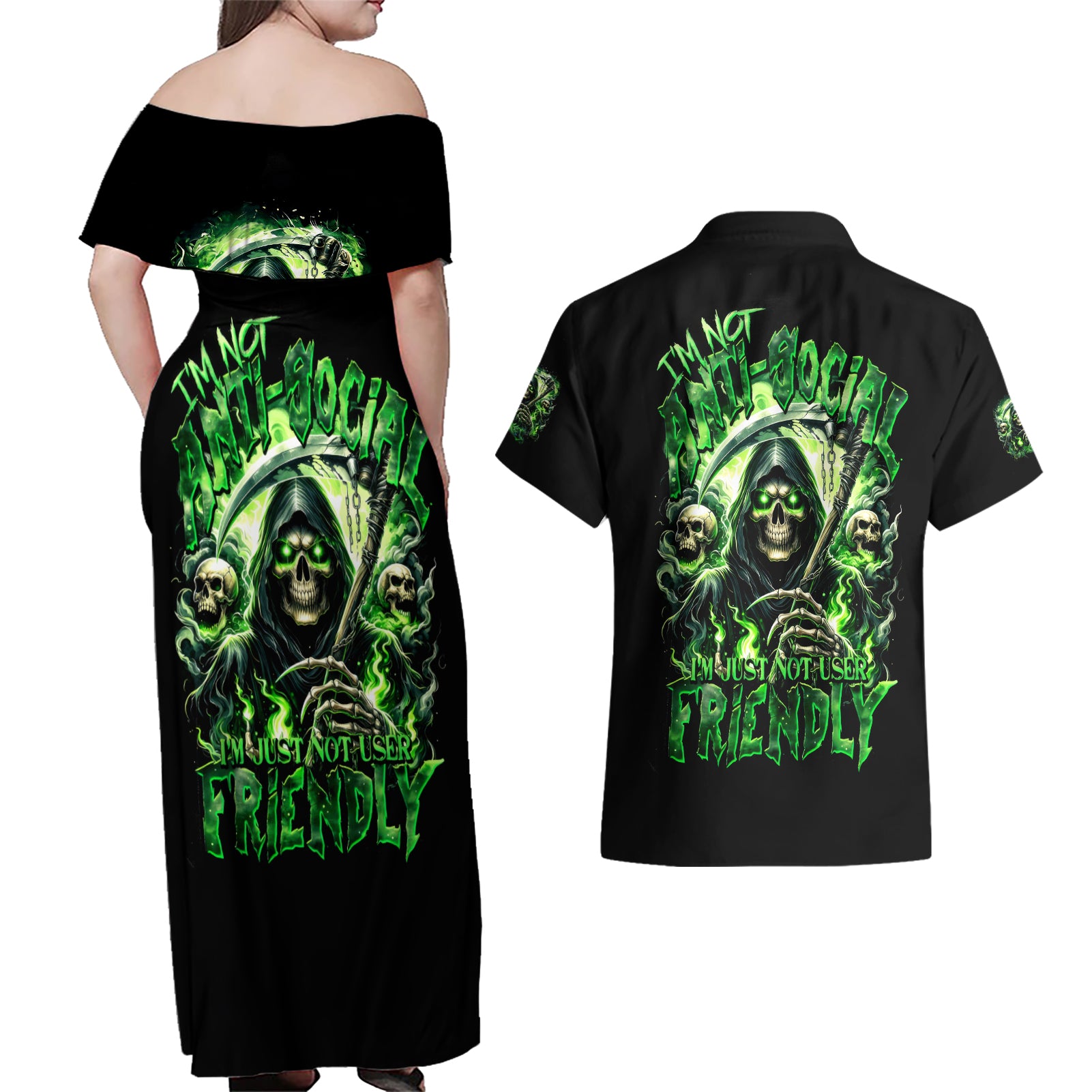 Flame Reaper Skull Couples Matching Off Shoulder Maxi Dress and Hawaiian Shirt I'm Not Anti Social I'm Just Not User Friendly - Wonder Print Shop