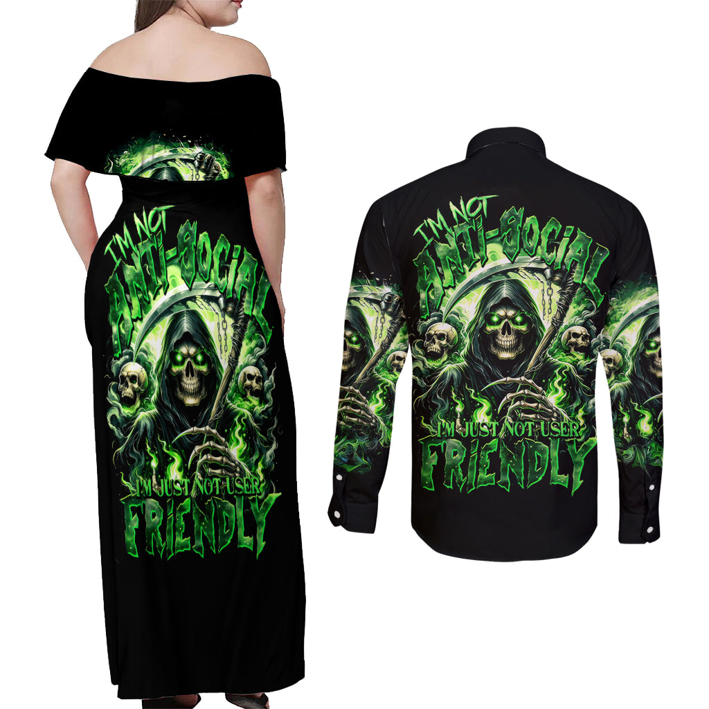 Flame Reaper Skull Couples Matching Off Shoulder Maxi Dress and Long Sleeve Button Shirt I'm Not Anti Social I'm Just Not User Friendly - Wonder Print Shop