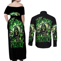 Flame Reaper Skull Couples Matching Off Shoulder Maxi Dress and Long Sleeve Button Shirt I'm Not Anti Social I'm Just Not User Friendly - Wonder Print Shop