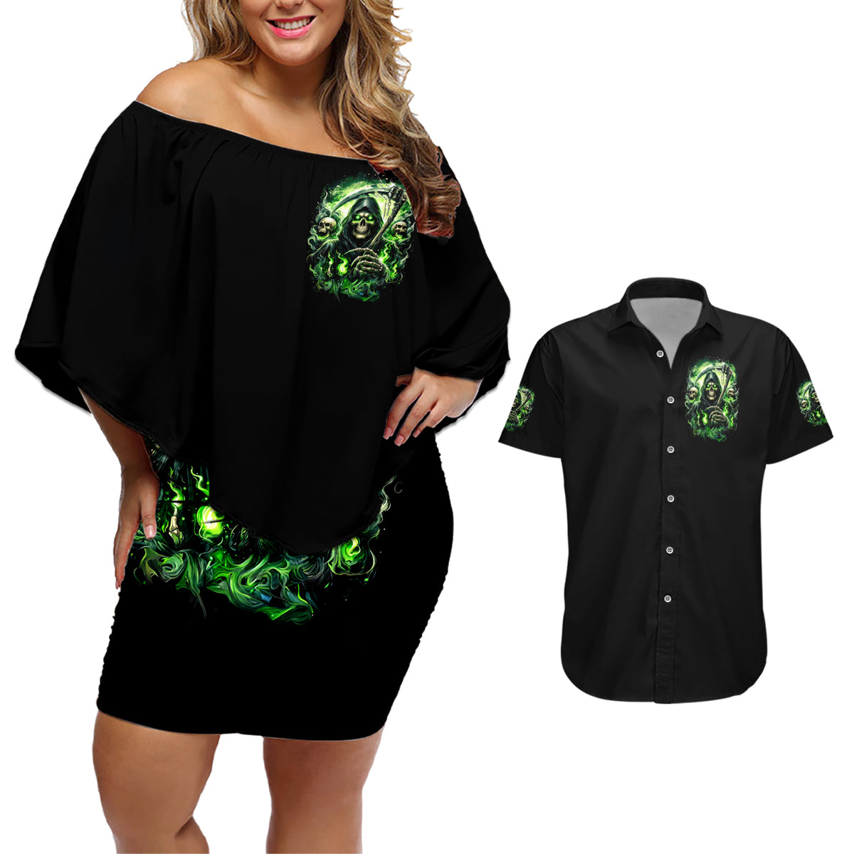 Flame Reaper Skull Couples Matching Off Shoulder Short Dress and Hawaiian Shirt I'm Not Anti Social I'm Just Not User Friendly - Wonder Print Shop