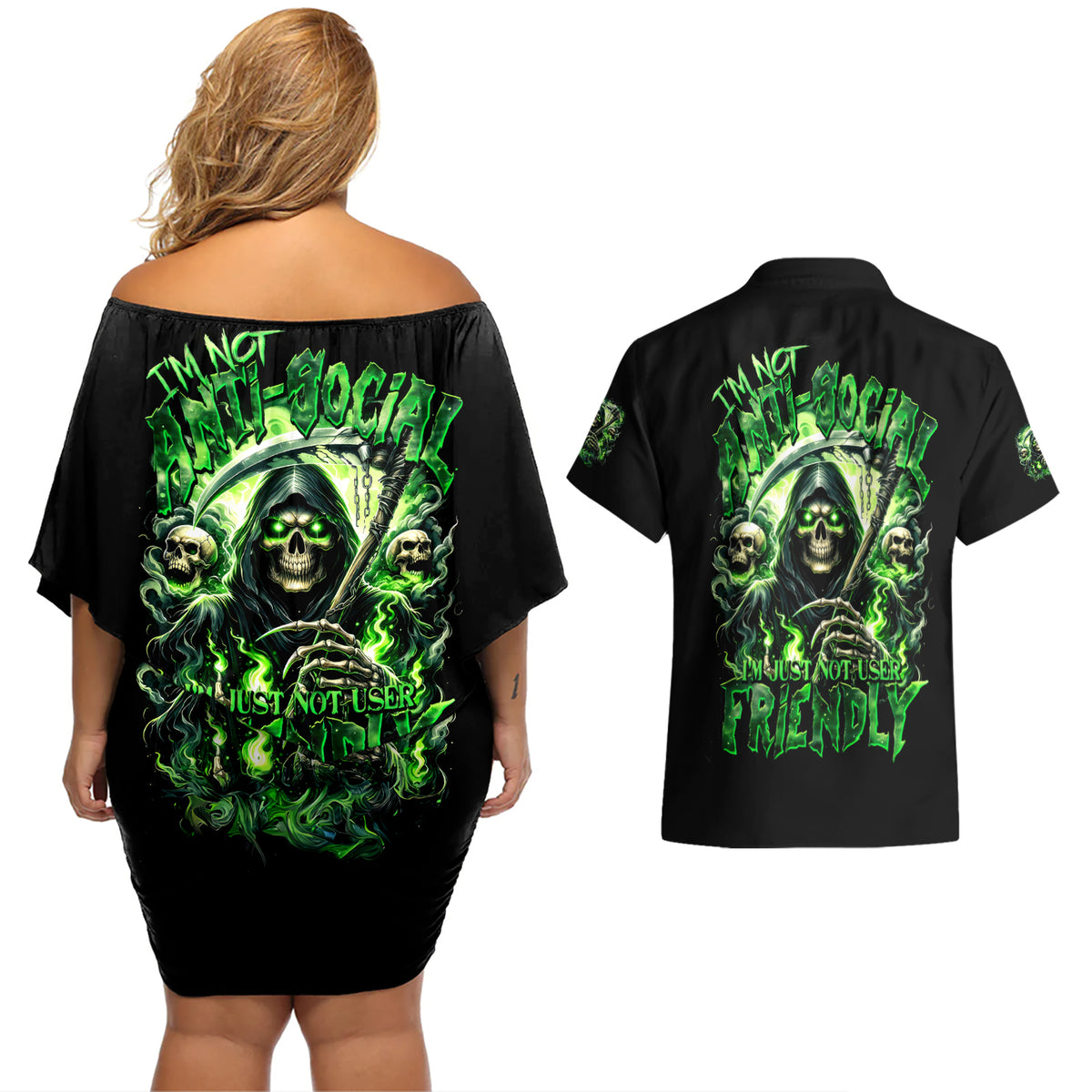 Flame Reaper Skull Couples Matching Off Shoulder Short Dress and Hawaiian Shirt I'm Not Anti Social I'm Just Not User Friendly - Wonder Print Shop
