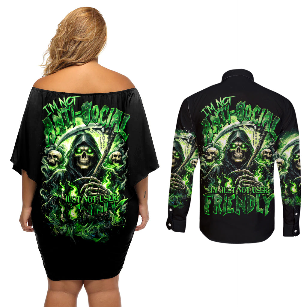 Flame Reaper Skull Couples Matching Off Shoulder Short Dress and Long Sleeve Button Shirt I'm Not Anti Social I'm Just Not User Friendly - Wonder Print Shop