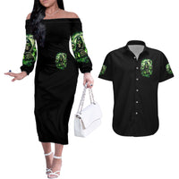 Flame Reaper Skull Couples Matching Off The Shoulder Long Sleeve Dress and Hawaiian Shirt I'm Not Anti Social I'm Just Not User Friendly - Wonder Print Shop