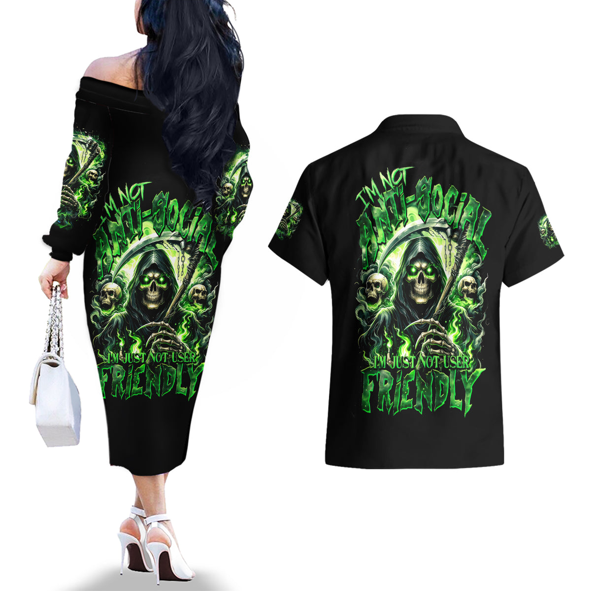 Flame Reaper Skull Couples Matching Off The Shoulder Long Sleeve Dress and Hawaiian Shirt I'm Not Anti Social I'm Just Not User Friendly - Wonder Print Shop