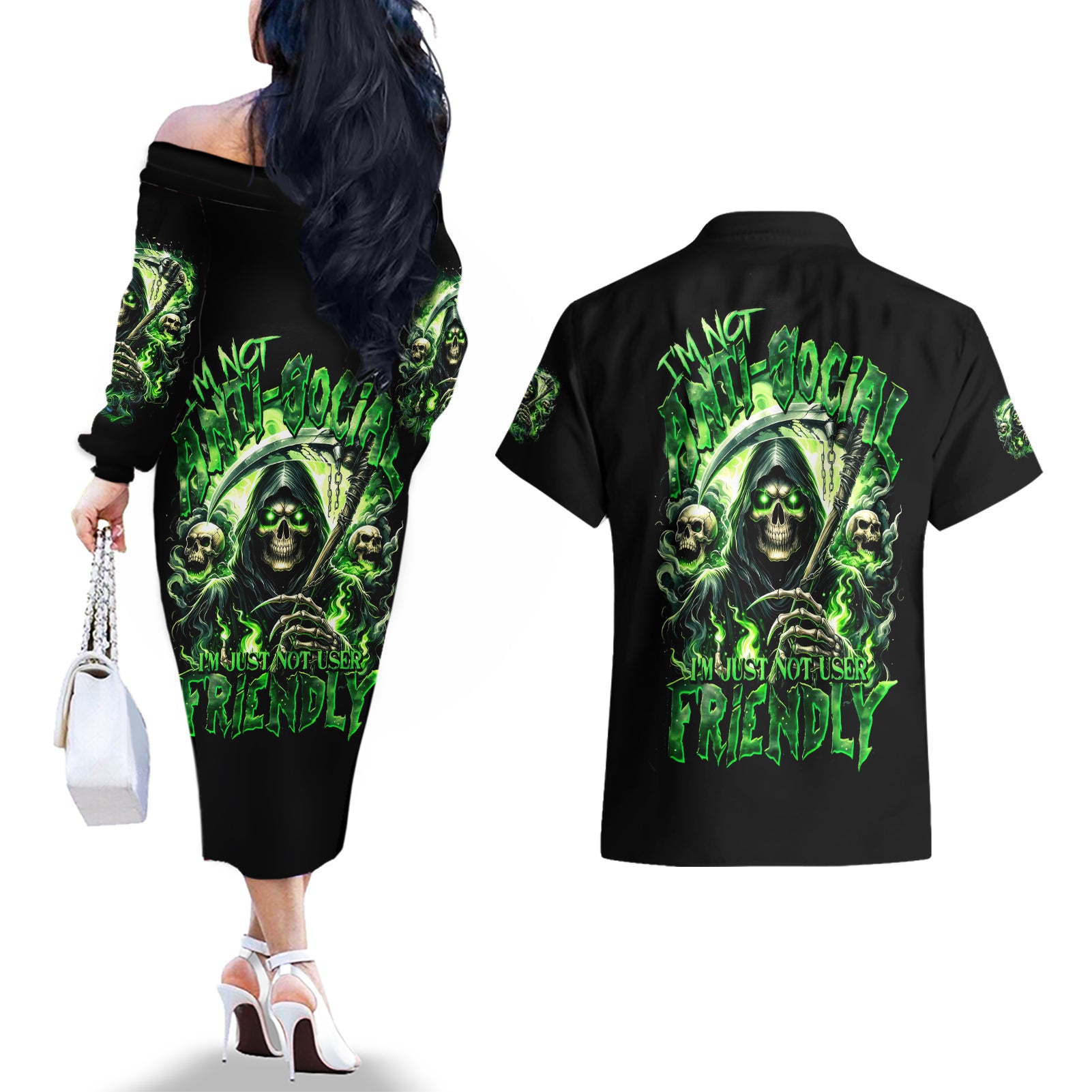 Flame Reaper Skull Couples Matching Off The Shoulder Long Sleeve Dress and Hawaiian Shirt I'm Not Anti Social I'm Just Not User Friendly - Wonder Print Shop