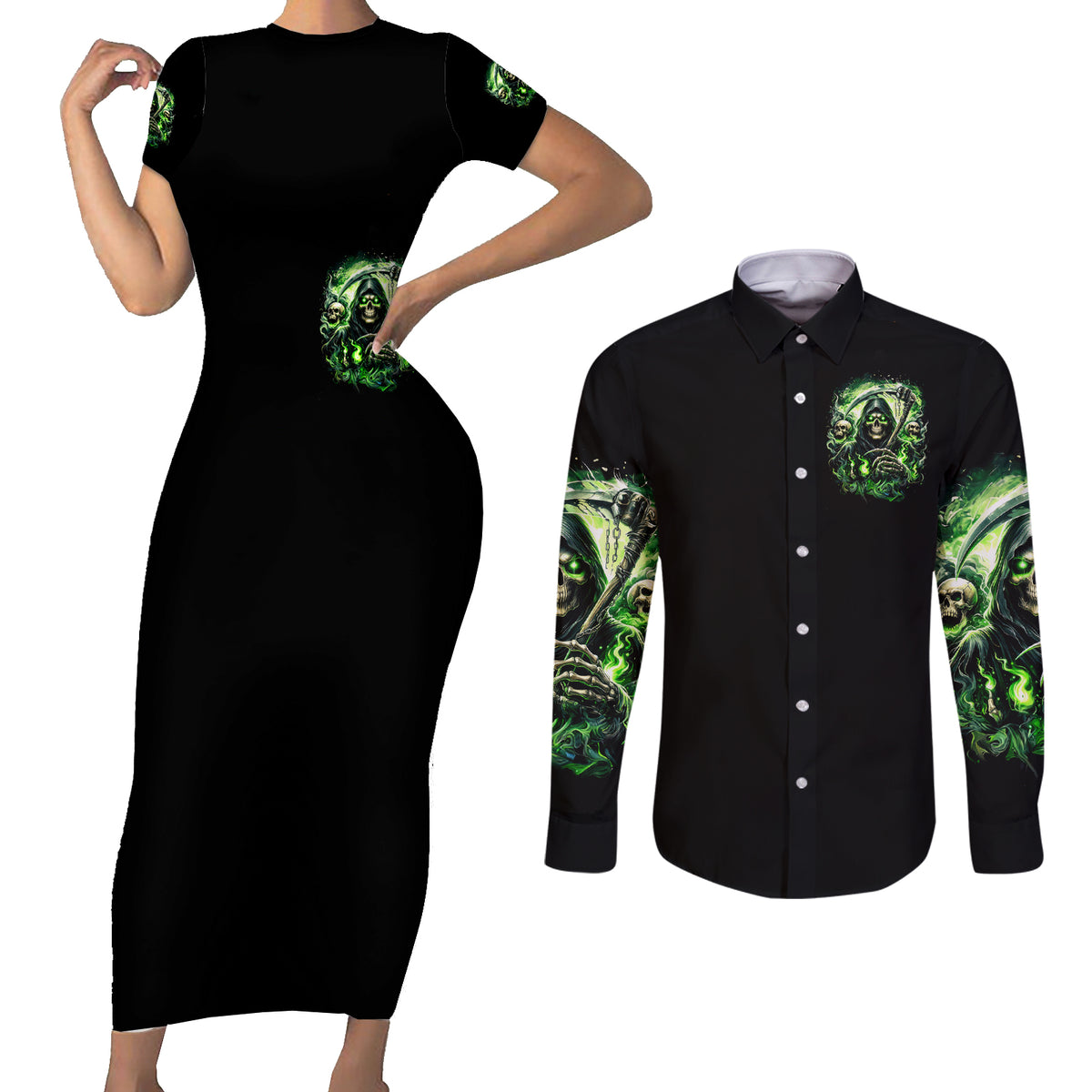 Flame Reaper Skull Couples Matching Short Sleeve Bodycon Dress and Long Sleeve Button Shirt I'm Not Anti Social I'm Just Not User Friendly - Wonder Print Shop