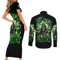 Flame Reaper Skull Couples Matching Short Sleeve Bodycon Dress and Long Sleeve Button Shirt I'm Not Anti Social I'm Just Not User Friendly - Wonder Print Shop