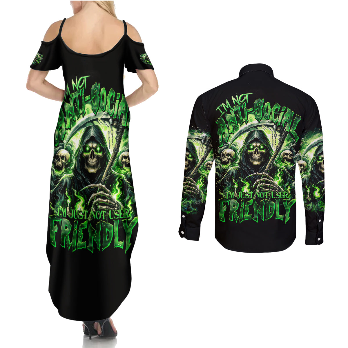 Flame Reaper Skull Couples Matching Summer Maxi Dress and Long Sleeve Button Shirt I'm Not Anti Social I'm Just Not User Friendly - Wonder Print Shop