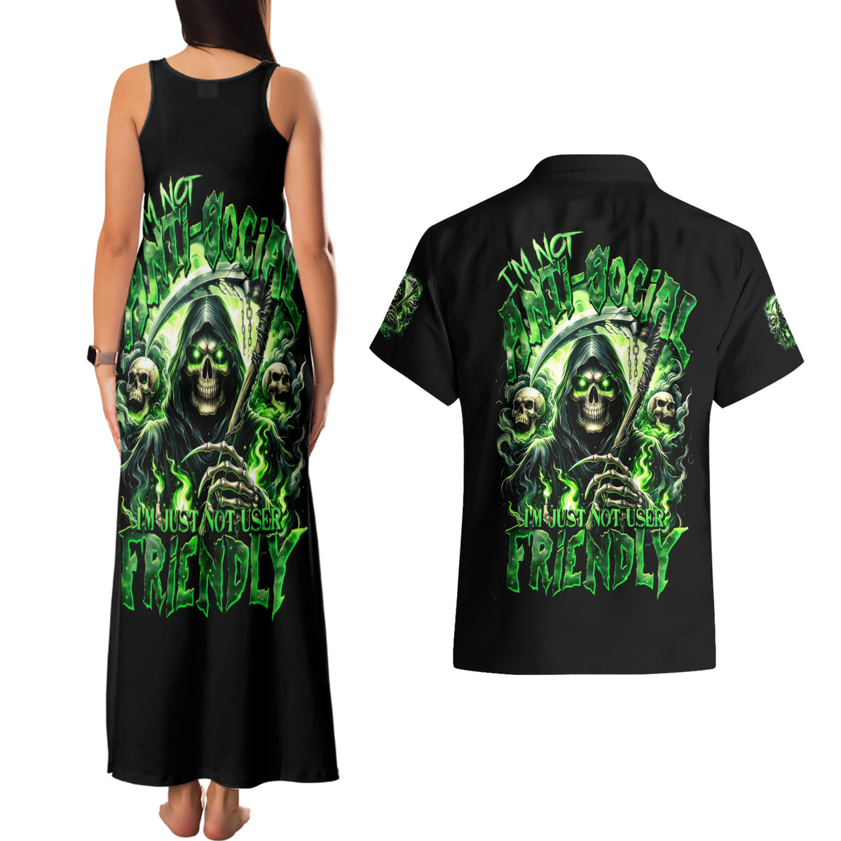 Flame Reaper Skull Couples Matching Tank Maxi Dress and Hawaiian Shirt I'm Not Anti Social I'm Just Not User Friendly - Wonder Print Shop