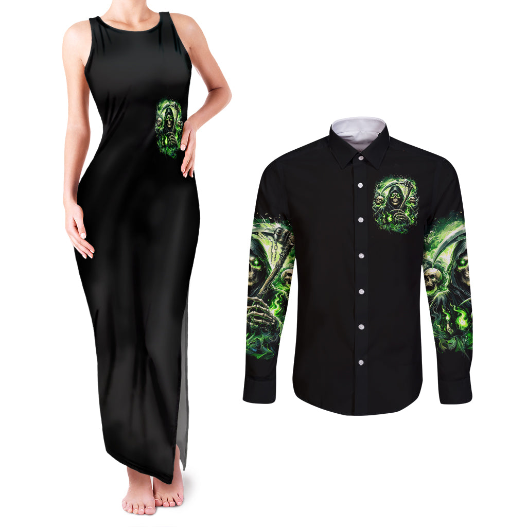 Flame Reaper Skull Couples Matching Tank Maxi Dress and Long Sleeve Button Shirt I'm Not Anti Social I'm Just Not User Friendly - Wonder Print Shop