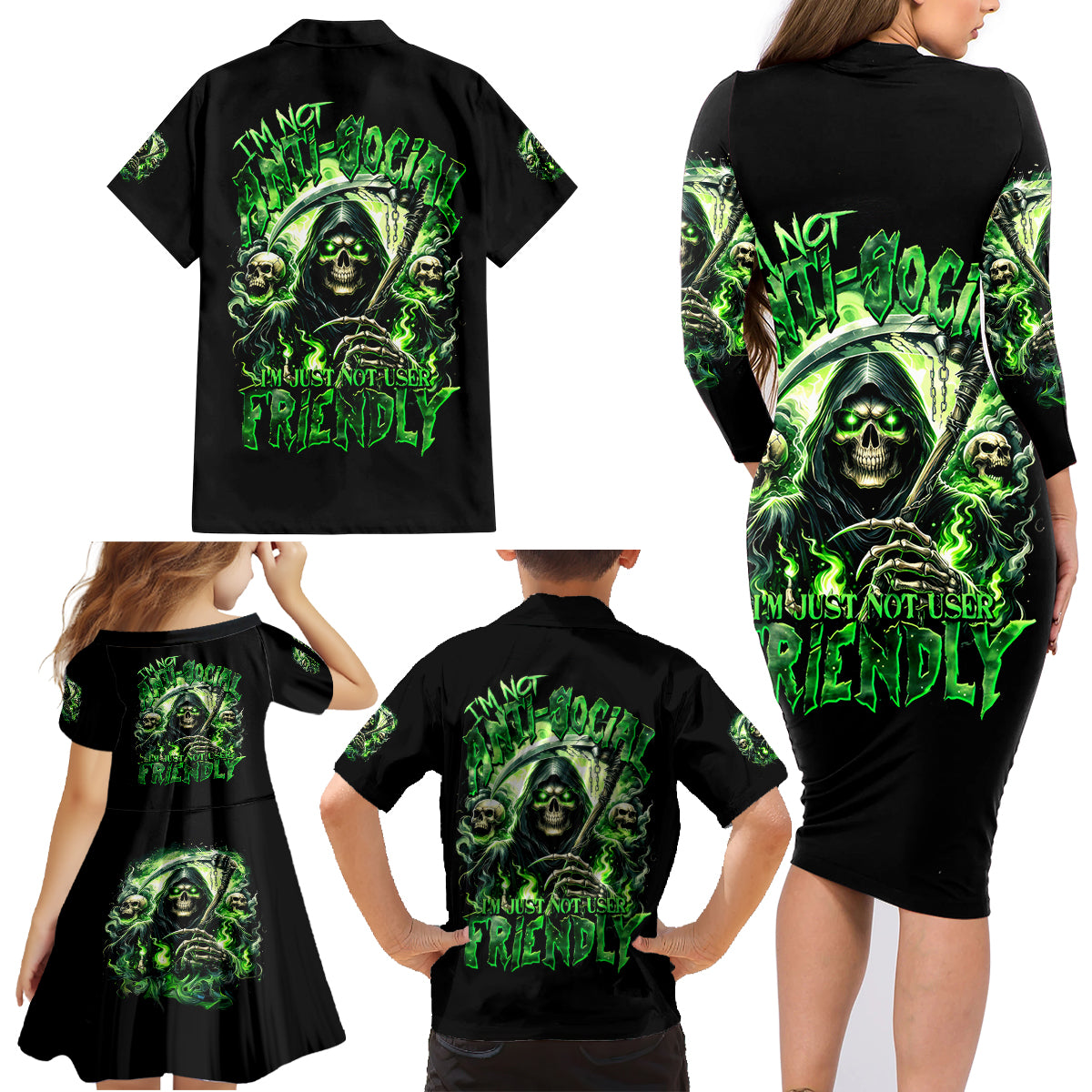 Flame Reaper Skull Family Matching Long Sleeve Bodycon Dress and Hawaiian Shirt I'm Not Anti Social I'm Just Not User Friendly - Wonder Print Shop
