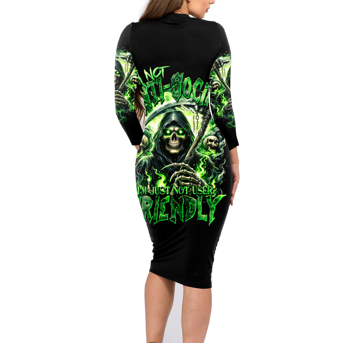 Flame Reaper Skull Family Matching Long Sleeve Bodycon Dress and Hawaiian Shirt I'm Not Anti Social I'm Just Not User Friendly - Wonder Print Shop