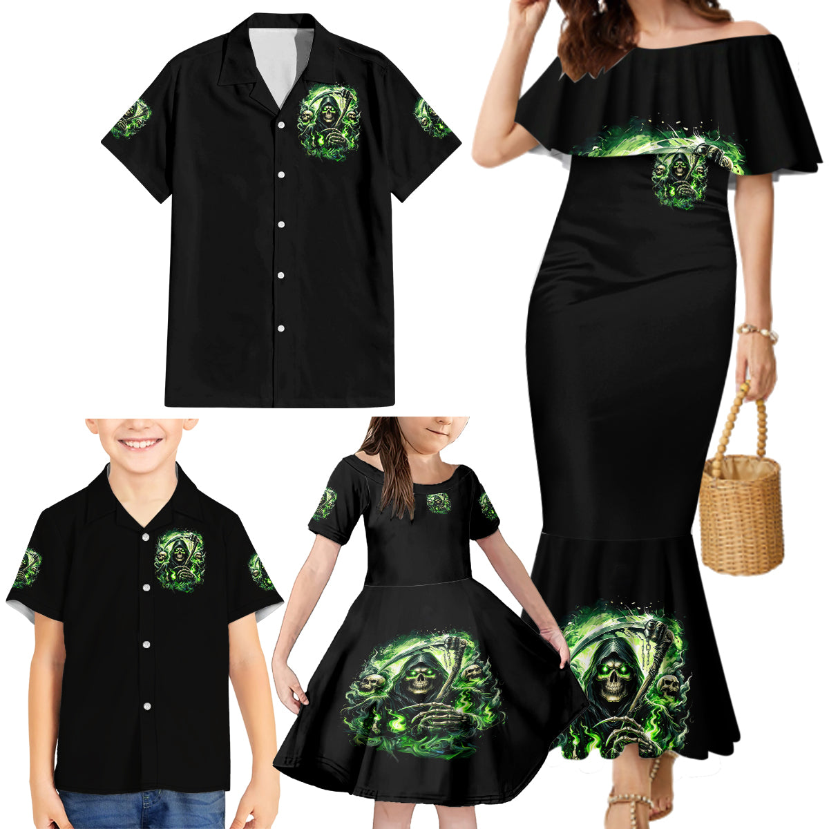 Flame Reaper Skull Family Matching Mermaid Dress and Hawaiian Shirt I'm Not Anti Social I'm Just Not User Friendly - Wonder Print Shop