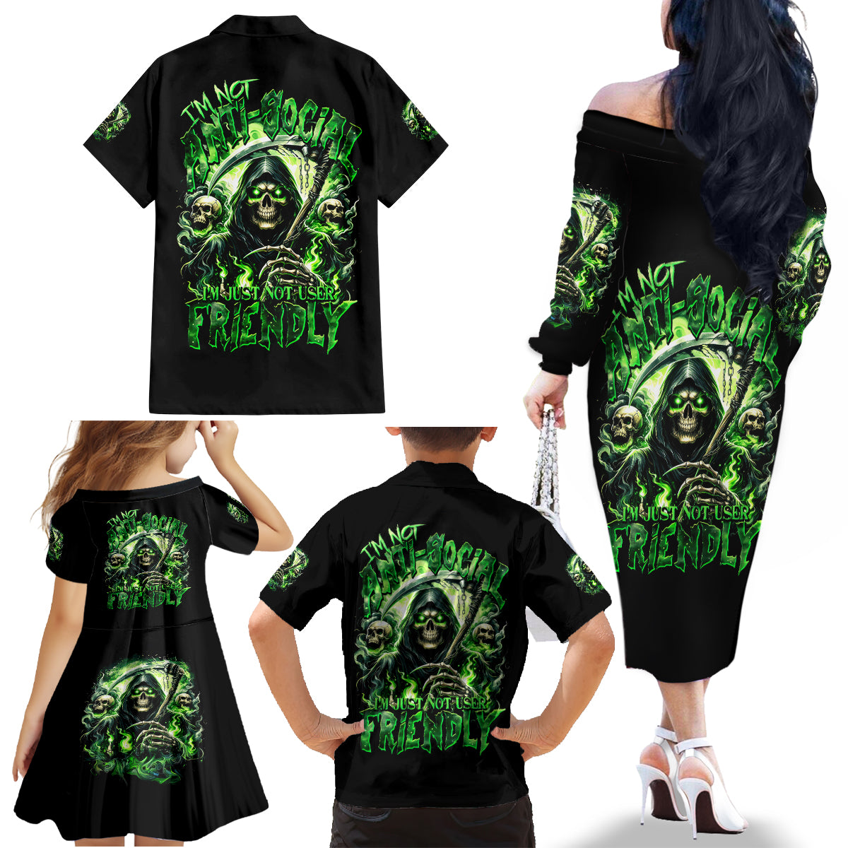 Flame Reaper Skull Family Matching Off Shoulder Long Sleeve Dress and Hawaiian Shirt I'm Not Anti Social I'm Just Not User Friendly - Wonder Print Shop