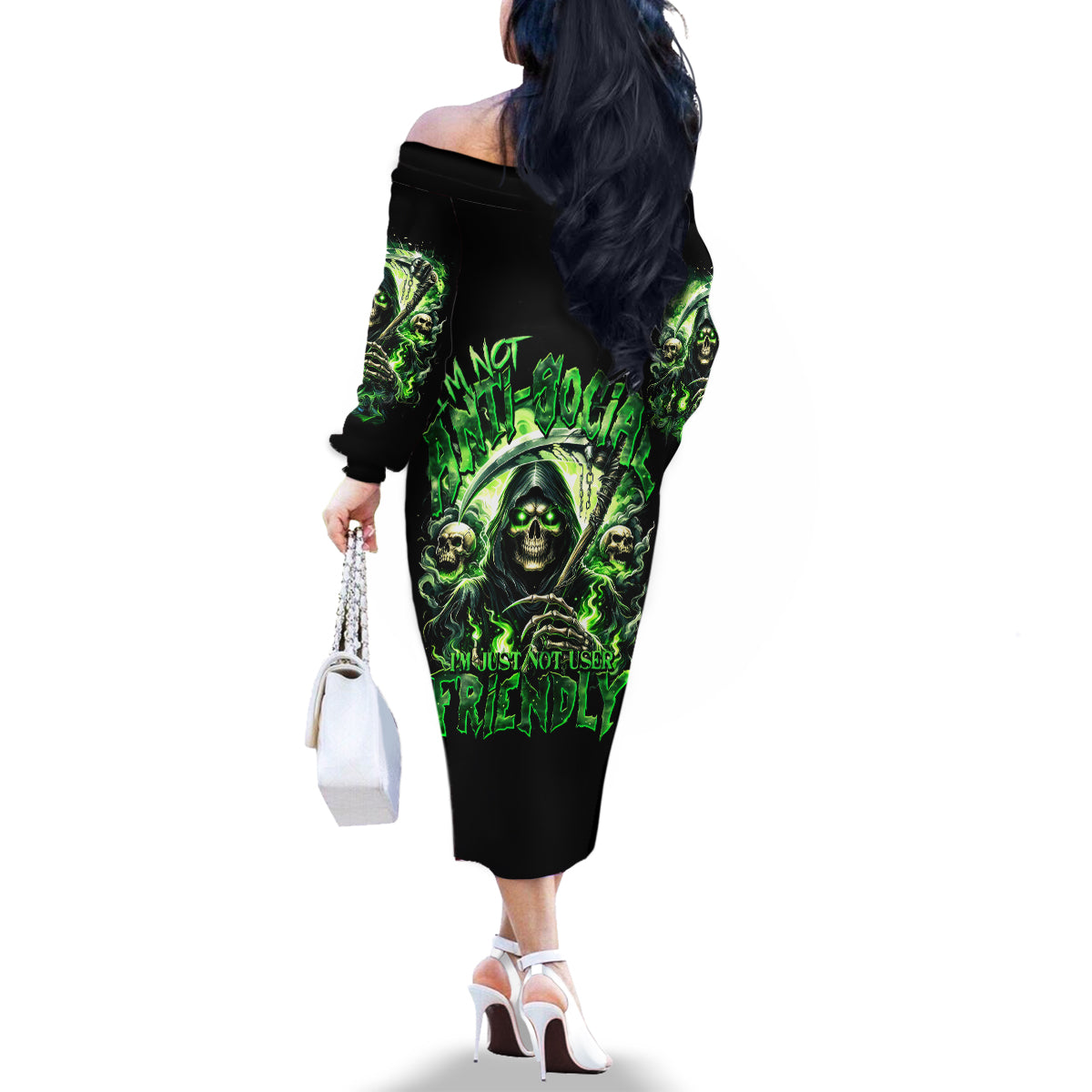 Flame Reaper Skull Family Matching Off Shoulder Long Sleeve Dress and Hawaiian Shirt I'm Not Anti Social I'm Just Not User Friendly - Wonder Print Shop